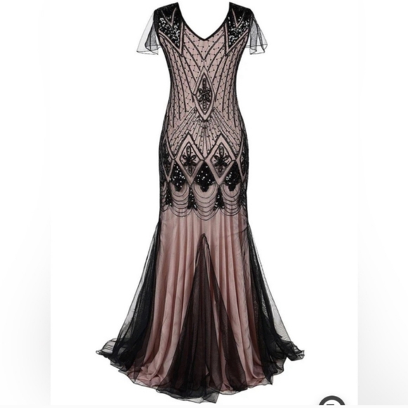 NWOT PINK AND BLACK 1920S CAP SLEEVE SEQUIN EVENING DRESS Medium - Picture 4 of 13
